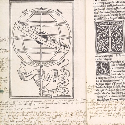 Erhard Ratdolt, "Sphaera Mundi", 1485, dettaglio della "Sphaera Mundi". Libro a stampa con illustrazioni xilografiche stampate o colorate con stencil a uno, due e tre colori. Numerose note marginali e schizzi in inchiostro marrone