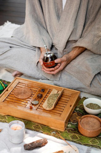 A man enjoying a warm herbal drink outdoors, embracing the essence of Ayurveda and nature