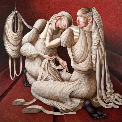 Nella fabbrica Bendato Colpevole, 2014, acrilico su tela, 140x140 cm