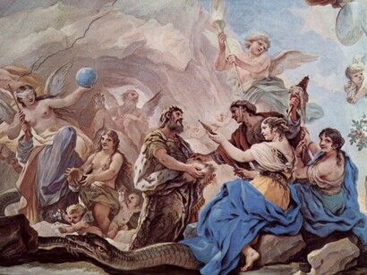Luca Giordano, "Antro dell'Eternità e nascita dell'uomo", 1683 - 85, particolare dall'apoteosi dei Medici, Salone degli specchi, Palazzo Medici-Riccardi, Firenze, Italia. Il tempo è visibile in fondo alla grotta, con la Fortuna sulla sinistra e le tre Parche sulla destra