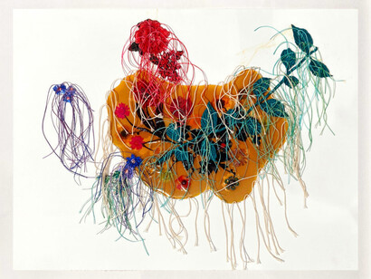 Jil Weinstock, Unwanted Collaborator #17, 2022. Thread, plant life, and rubber on watercolor paper, 19½ x 26 inches. Courtesy of Winston Wächter Fine Art, New York 