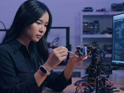 A female scientist works with an advanced robotic hand in a technology lab