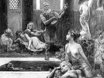 "Over the camp fires, drank I with heroes," an illustration from an 1899 edition of Charles Kingsley's 1853 novel, Hypatia, from the frontispiece of Vol. 1 illustrating a scene in chapter 12 showing Amal and his wife Pelagia listening to Wulf singing a heroic Goth saga
