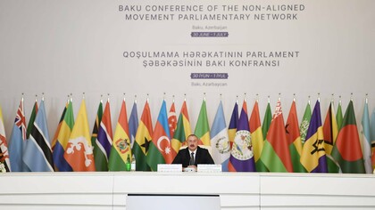 Ilham Aliyev, president of Azerbaijan, at the 18th summit of the Non-Aligned Movement held on October 25 and 26, 2019 in Baku, Azerbaijan