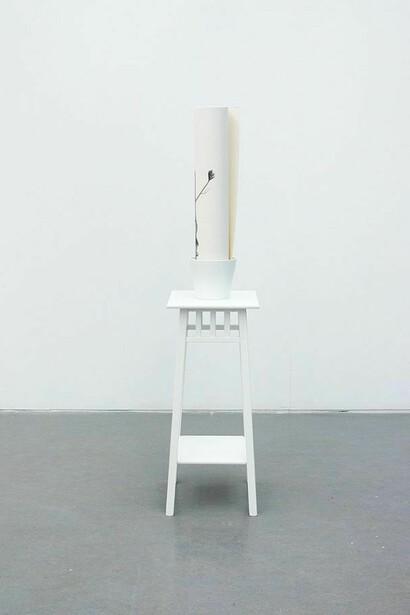 Sarah Woodfine, How to grow an apple tree, 2014, plant stand, plant pot, pencil on Saunders Waterford paper, 150 x 32 x 32 cm