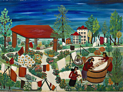 Bruno Rovesti, Lavandaie, 1955, olio su faesite, cm 59 x 82. Courtesy of Museo Antonio Ligabue