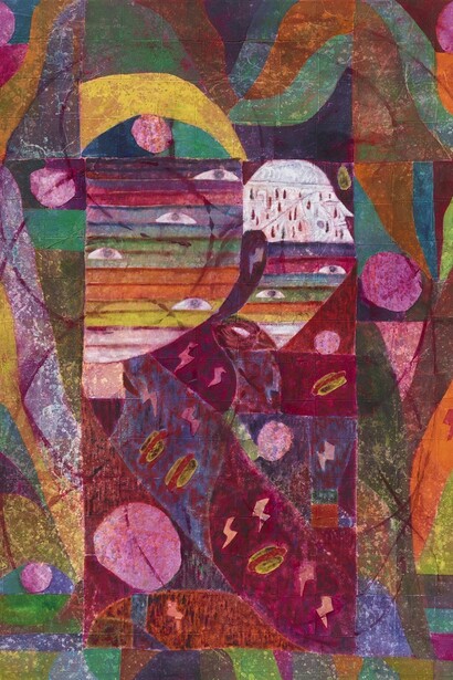 Alexander Tovborg, Prometheus II, 2015, Acrylic, gold leaf and fabric collage on canvas, 170 x 130 cm, Courtesy of the artist