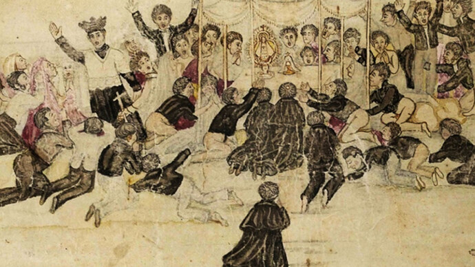 José María Figueroa-Oreamuno, habitantes de Cartago, Costa Rica, en el terremoto 1841. Álbum de Figueroa, Tomo 1, Archivo Nacional de Costa Rica