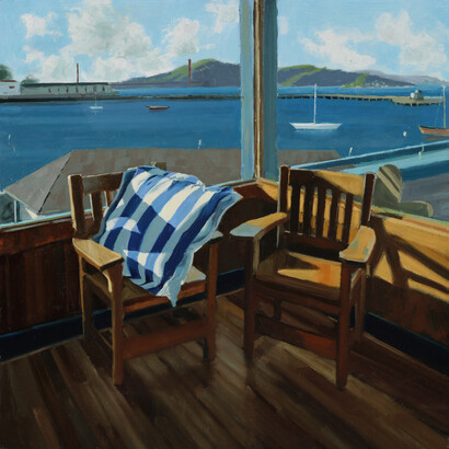 Eileen David, Blue Striped Pillow, 2023, oil on panel, 16 x 16 in
