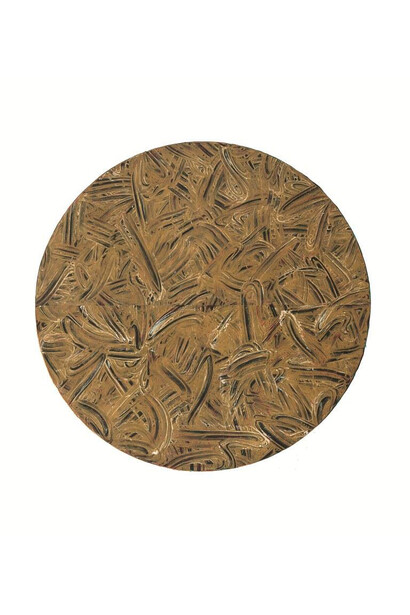 Richard Long, Guitars, Cadillacs, 2014, A two panel carborundum relief printed in Yellow Ochre/Zinc White/Primrose/Vermilion ink mix on Moulin Du Gue 350 gsm paper painted in Viridian/Napthol Red/Van Dyke Brown layers. Overall 232 x 209 cm / Image diameter 173 cm, Edition of 12, Courtesy Richard Long and Alan Cristea Gallery, London
