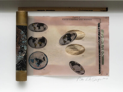 Anna Bella Geiger, Rolo ocidental com 5 mapinhas pintados a mão em Planisférios ditos Modernos, 2016. Courtesy of Nara Roesler