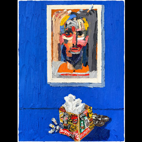 Emilio Villalba, Portrait and Studio Floor, 2023, oil on canvas, 48x36 inches (121.92x91.44 cm). Courtesy of the artist and Dolby Chadwick Gallery