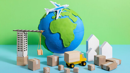 Illustration of a supply chain with interconnected logistics elements, symbolizing the coordination required in global trade and climate