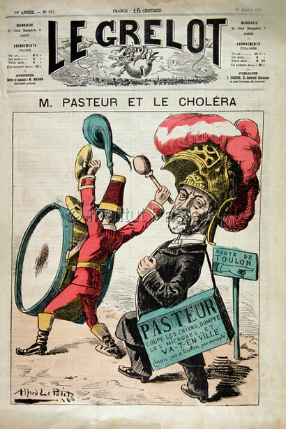 Caricature de Louis Pasteur. Il dispose à cette époque d’une méthode tout à fait concrète pour concevoir et fabriquer ce qu’il nomme un « virus-vaccin » 