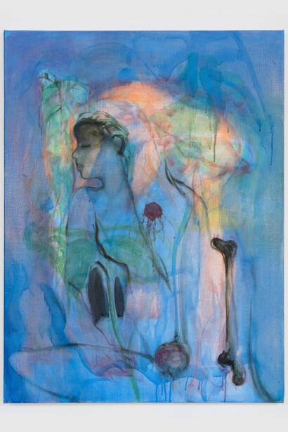 Kei Imazu, Hainuwele in Cerulean Blue, 2023, oil on linen, 31 1/2x23 5/8x3/4 inches, courtesy of the artist and ROH Projects, Jakarta. Courtesy of Jessica Silverman, San Francisco