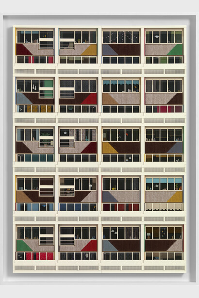 Lucy Williams, Radiant City #3, 2023. Paper, Perspex, engineered wood, cotton thread, organic cotton crochet thread, cotton embroidery thread, gold paper, frosted lighting gel, and acrylic paint on birch ply
panel, 43 3/4 x 29 7/8 inches (Framed: 48 x 34 1/4 x 2 3/4 inches). Courtesy of the artist and Berggruen Gallery