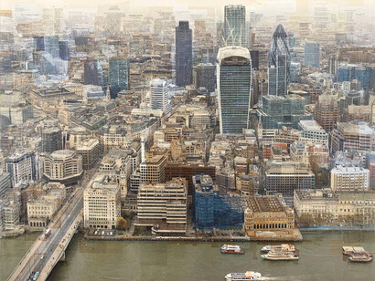Londra, Gli Emergenti. Stampa fotografica su collage di pagine di libri d'epoca, op. 1 di 3, 150x150x4 cm, 2014, collezione privata
