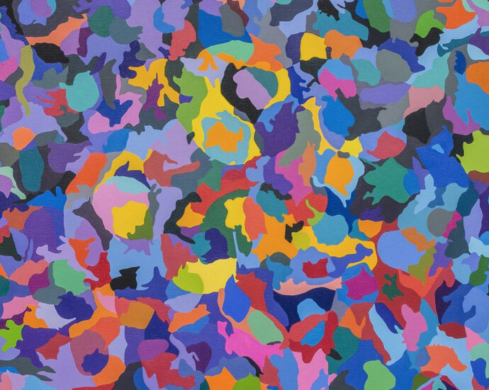 Peripheral thought, house photo word movie paint, singular color. Courtesy of Lora Schlesinger Gallery