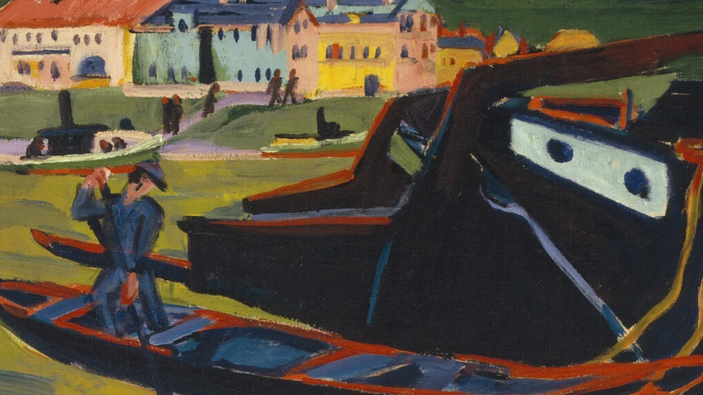 Ernst Ludwig Kirchner
German (also active in Switzerland), 1880–1938
Boats on the Elbe in Dresden (Boote auf der Elbe bei Dresden)
1910 (reworked ca. 1920)
Oil on canvas
24 3/8 x 34 ¾ in. (61.9 x 88.3 cm)
Sidney and Lois Eskenazi Museum of Art, Jane and Roger Wolcott Memorial, Gift of Thomas T. Solley