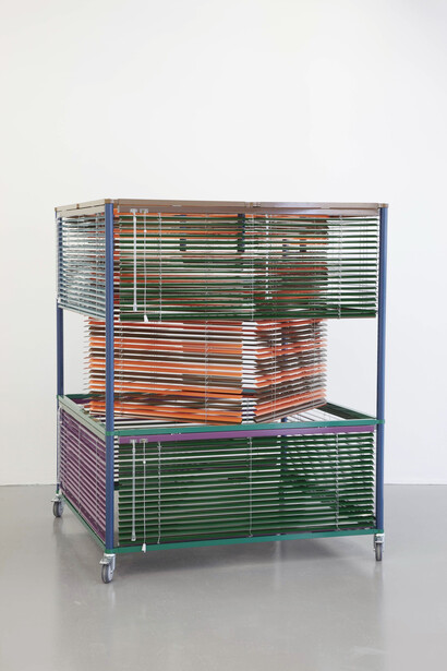 Haegue Yang, Wild in Aspen: Celestial Martial Plan
2011, Four-way straight-arm clothing rack (chrome) on casters with nine arms, light bulbs (frosted), electric cable, cleaning sponge, crystal bead necklace, pipe cleaners, sea shells, bungee cord, bells, safety pins, and driftwood, 200 x 106.7 x 114.3 cm / 78 3/4 x 42 x 45 in
© Haegue Yang, Courtesy the artist, Greene Naftali and Hauser & Wirth 
