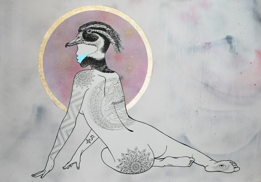 Rugman, Sacrifice, Oil, acrylic, spray paint, enamel and gold leaf on canvas, 130x90cm