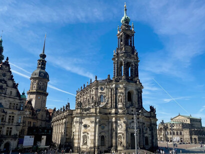 A picturesque glimpse of Dresden featuring the iconic Hofkirche and Semperoper