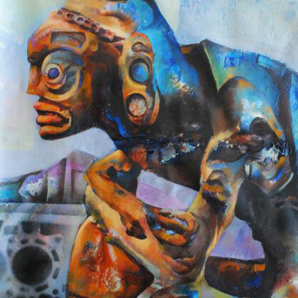 A detail from Rigo Peralta's mural Transcultural, 2015, acrylic on linen. Allentown Art Museum