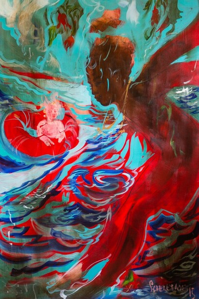 Scherezade García, "Las Terrenas II," 2015. 72" x 48". Acrylic, pigments, charcoal, collage and ink on canvas
