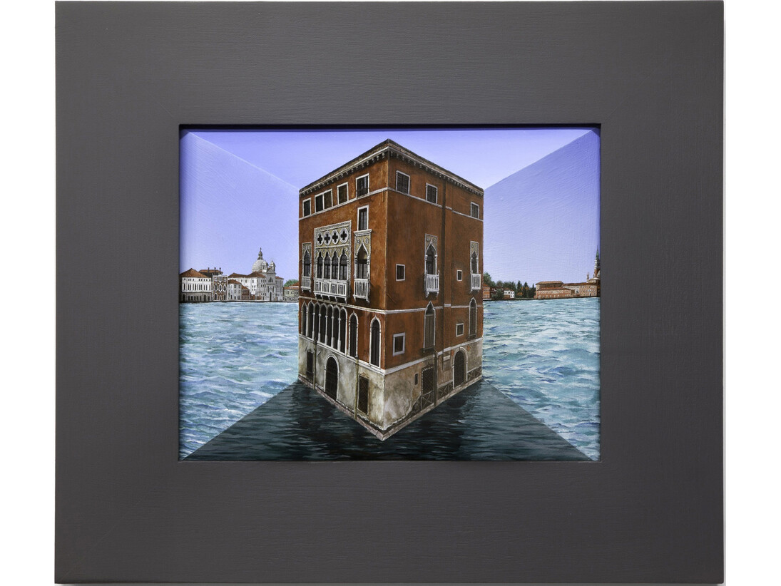 Patrick Hughes, Hughesful, 2015, Oil on Board Construction, 25 x 31 x 8 cm, 9 7/8 x 12 1/4 x 3 1/8 in, Framed: 43.4 x 50 x 10 cm / 16 7/8 x 19 1/4 x 3 1/8 in, courtesy of Flowers Gallery, London and New York