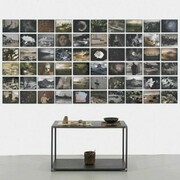 Michelle Stuart (American, born 1931), Ring of Fire, 2008-09/2010, Wall piece: inkjet-printed analog photographs, archival paper, 58 x 119 inches, Metal table: stones, wood container, seeds, Tonga tapa cloth, cotton cloth, basket, 28 ½ x 40 x 18 inches, 2013 © Michelle Stuart, Courtesy Leslie Tonkonow Artworks + Projects, New York