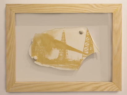 Spindletop Gusher, 1910, 2013. Spindletop crude oil and varnish on industrial floor paint with cast paint nuts and bolts. 39 x 51 x 6cm