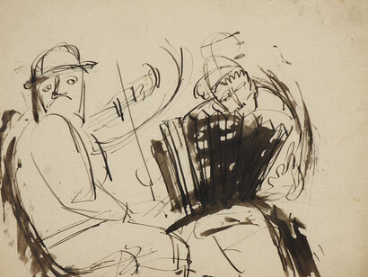 Josef Herman,, Musicians (From A Memory of Memories), c 1940-43, pen and ink and wash on paper, 37 x 42 cm frame, Ben Uri Collection 