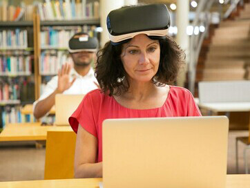 A woman wearing a VR headset, engaging in AI-enhanced education, embodying the spirit of a polymathic thinker