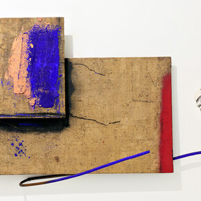 GASTINI, Uscita con due, 2006-2007, tecnica mista su tela, ferro e gesso, 47x93 cm circa