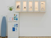 Yoni Zonszein, Paper Stones from The Metropolitan Museum of Art, from the Great Temple of the Aten at Amarna and Related Fragments Dynasty 18, reign of Akhenaten, ca1353 - 1336 B.C. / 2012-2015 A.D. Indurated Limestone, Diorite, Red Quartzite, Kitchen Cabinet, TungstenLamp, Black Toned Xerox Prints, White Bond Paper, regrigerator, notes,fern and ironing board97 x 96 x 27 inches