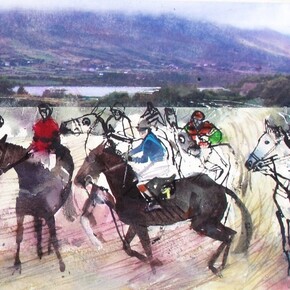 John Short, Horse race I (detail), Caherciveen, County Kerry, ink, watercolour and photo transfers, 83 x 31 cm