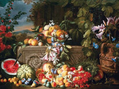 Abraham Brueghel (1631–1697), Natura morta con anguria, ciliegie, pesche, albicocche, prugne, melograni e fichi, con gigli, rose, gloria mattutina e altri fiori, tra il 1650 e il 1697, olio su tavola