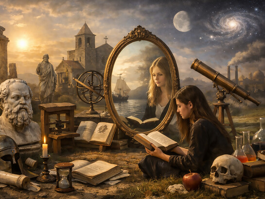 A quiet study where centuries of human thought converge—myth, reason, faith, science, and doubt—each object a trace of philosophy’s long search to understand reality, nature, and the human condition