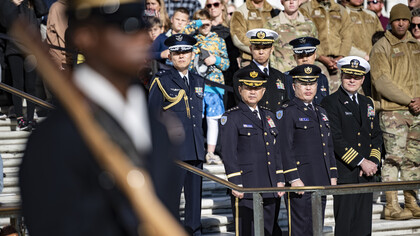 Gen. Kōji Yamazaki, chief of staff, Joint Staff of the Japan Self-Defense Forces and others view the Changing of the Guard at the Tomb of the Unknown Soldier at Arlington National Cemetery, Arlington, Va., Oct. 19, 2022