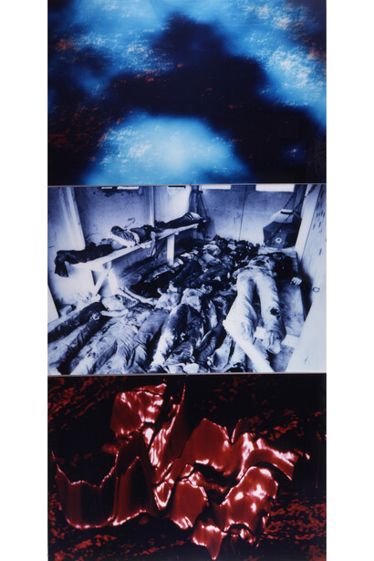 Gretchen Bender, 1951-2004, Untitled (Landscape, Computer Graphics, Death Squad) 1987, Three parts; Laminated colour photographs, support: 1016 x 1524 mm, each panel displayed: 3048 x 1524 mm, © Estate of Gretchen Bender. Image courtesy of The Mint Museum, Charlotte, NC.
