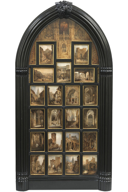 Díptico con 42 Vistas Monumentales de Ciudades Españolas, Peréz Villaamil, Óleo sobre hojalata y marco neogótico, 172,5 x 89,5 cm (hoja izquierda), Madrid, Museo Nacional del Prado