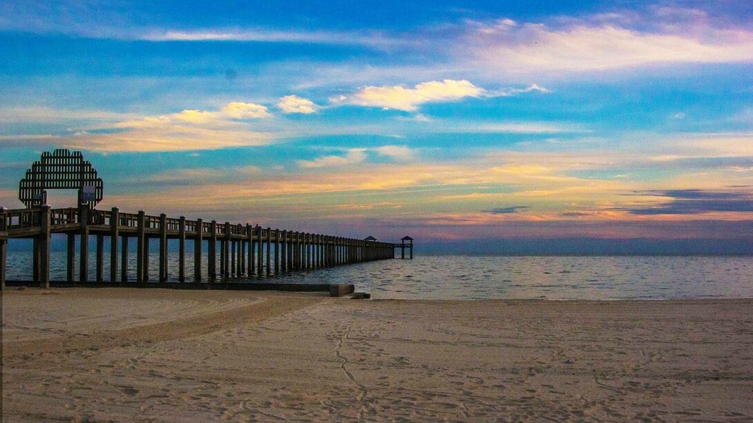 Pascagoula beach and pier, Mississippi, USA