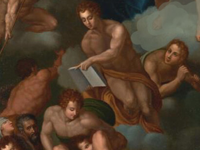 La pintura de Ginebra, curiosamente presenta la aparición de un autorretrato de Miguel Ángel, al menos más joven de los clásicos retratos conocidos.  Detalle de "El Juicio Universal de Ginebra"