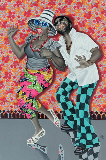 JP Mika, Kiese na kiese (Le Bonheur et la Joie), 2014, Huile et acrylique sur toile, 168,5 x 119 cm, Pas-Chaudoir Collection, Belgique © JP Mika