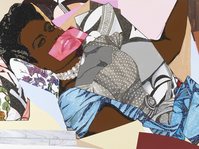 Mickalene Thomas, Clarivel Centered, 2014, Strass, acrylique, huile et email sur panneau de bois, 152,4 x 243,84 cm (60 x 96 in.), Courtesy Galerie Nathalie Obadia, Paris/Bruxelles  