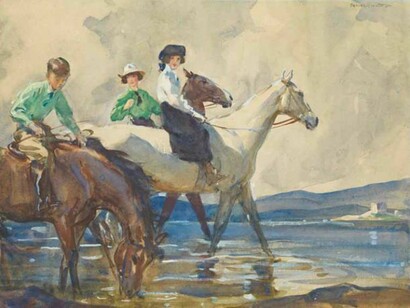 Frederic Whiting RP RBA ROI RI RSW, 1873–1962, Morning Beach Exercise watercolour over pencil, heightened with bodycolour, 54.6 x 74.9 cm, 211⁄2 x 291⁄2 in