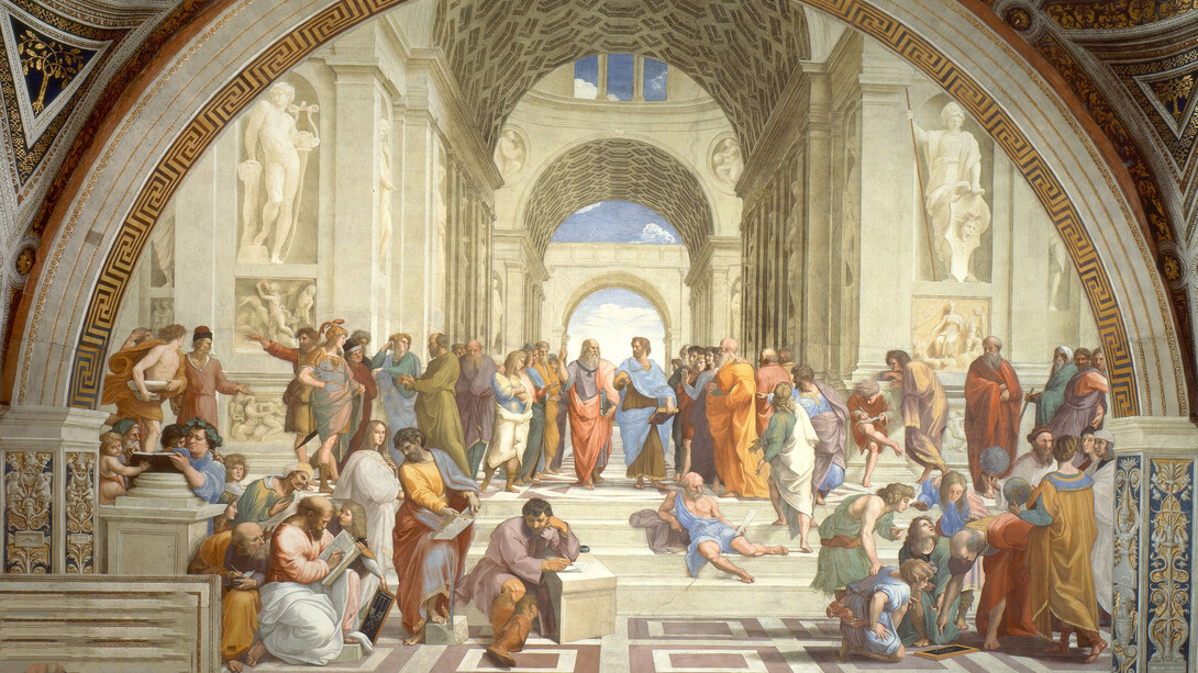 Aristóteles propôs uma visão ampla do ser humano como ser social, destacando a importância da ética e da amizade para uma convivência saudável. Aprender com seu pensamento é essencial para construir sociedades mais justas e fraternas. A Escola de Atenas (1509–1511). Afresco, 550 x 770 cm (18 x 25 pés). Raphael Rooms, Palácio Apostólico, Cidade do Vaticano