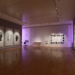 Eugenio Dittborn, Historias del rostro, vista de exhibición. Cortesía del Museo Nacional de Bellas Artes 