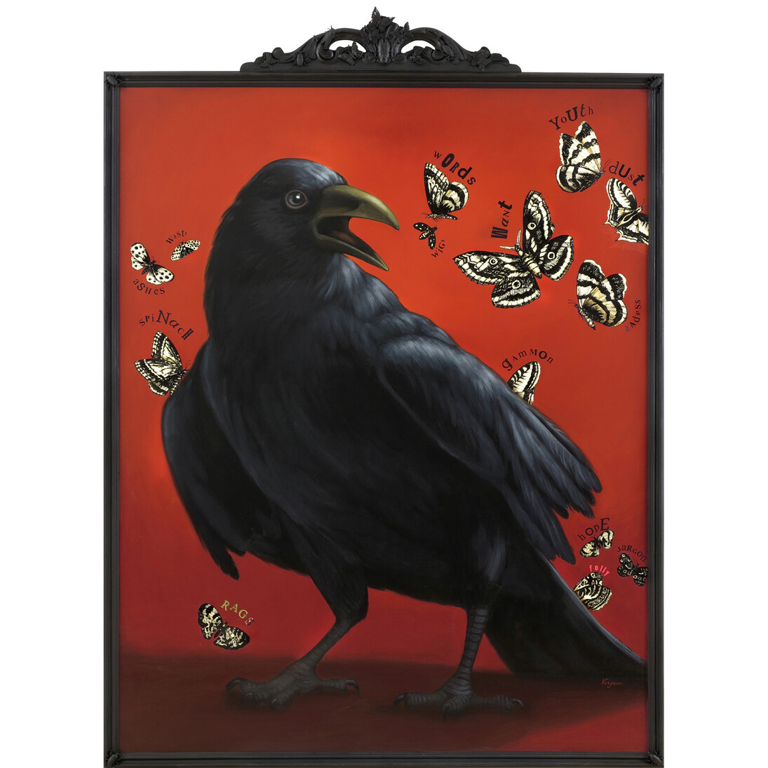 Laws of Attraction XL, 2014, Oil and collage on wood; Artist-made frame with metal insects, 65.25 x 47.75 inches; 165.73 x 121.28 cm, Signed LR