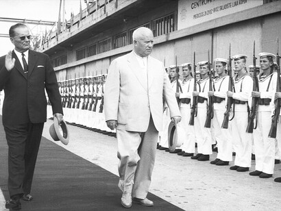 Yugoslav President Tito (left) with Soviet Premier Khrushchev in Koper